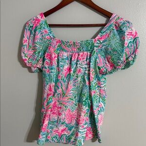 Lilly Pulitzer Pink & Aqua Floral Puff-Sleeve Off-Shoulder Linen Top